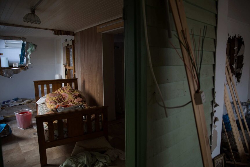 A brightly covered doona on a wood-framed bed in a half-demolished house with holes in the wall and exposed wires.