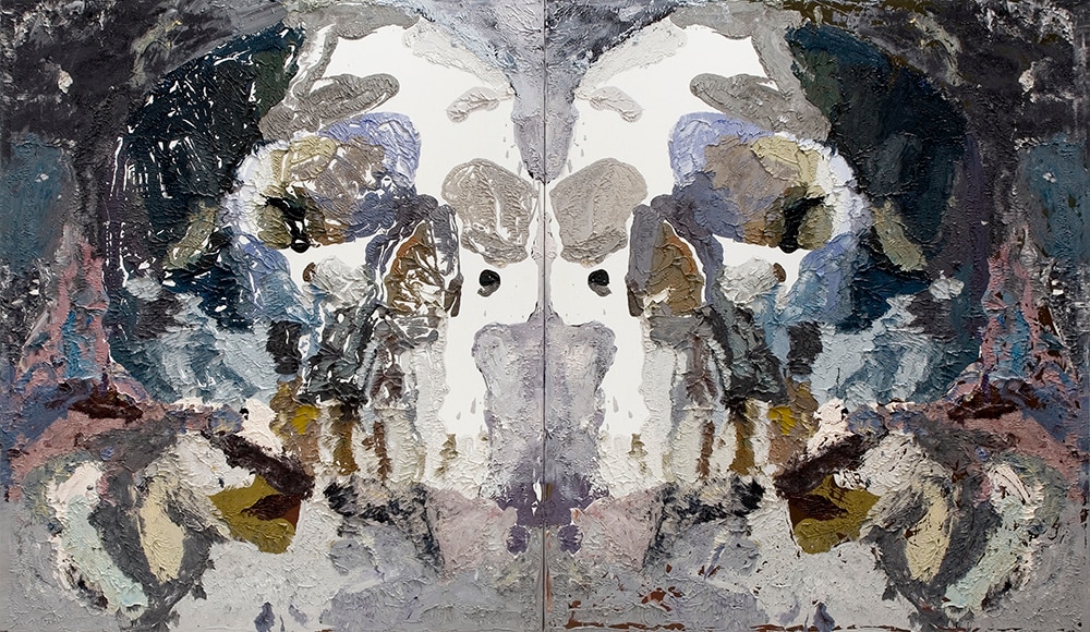 Bedford Downs Rorschach by artist Ben Quilty featuring expressive and thick black, grey, blue and brown oil paint brushstrokes.
