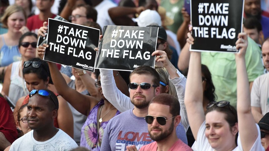 Hundreds of people gather for a protest rally against the Confederate flag in Columbia, South Carolina on June 20, 2015