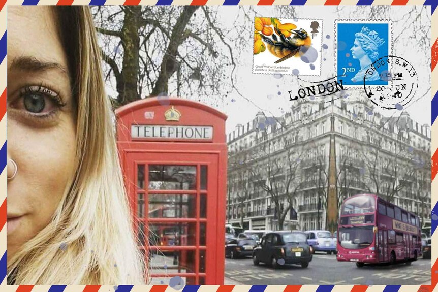 Selfie of young woman with blonde hair in London with red telephone box in background.