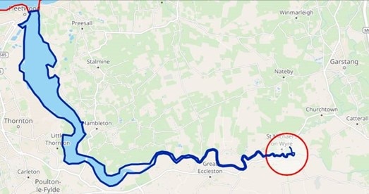 A map showing the search area for missing woman Nicola Bulley along length of the River Wyre in Lancashire, UK