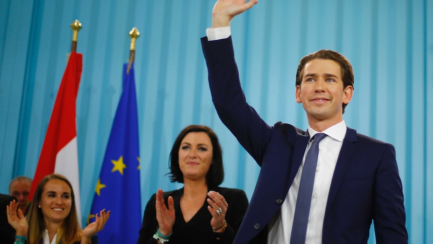 Sebastian Kurz attends his party's victory celebration meeting in Vienna.
