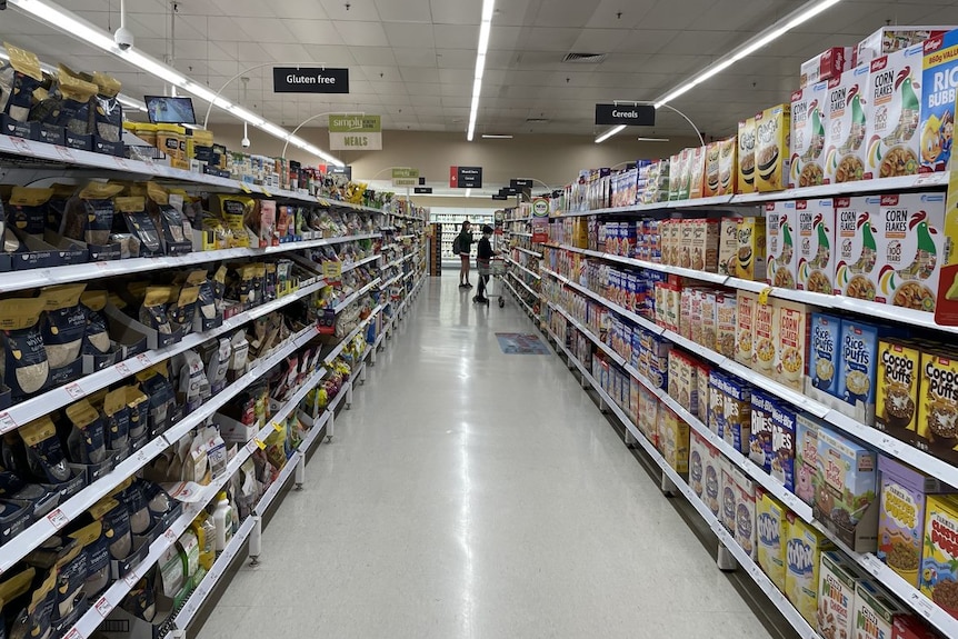 Two people stand in the far distance between shelves of goods including cereal.