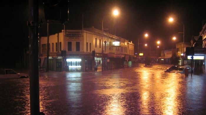 A flooded intersection at Wallsend after the June 2007 long weekend storm.