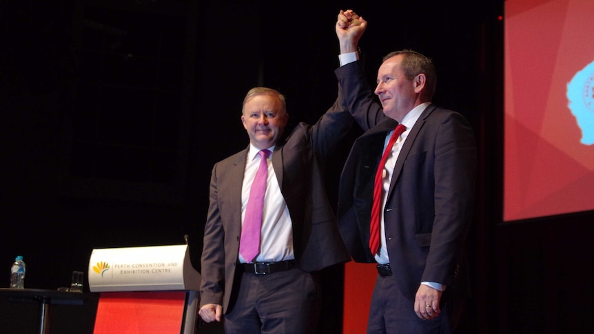 Anthony Albanese and Mark McGowan side-by-side in a victory pose.