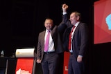 Anthony Albanese and Mark McGowan side-by-side in a victory pose.
