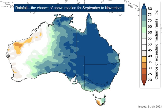 A chart of austrlaia with the % chance of exceeding rainfall - showing high chance in eastern states