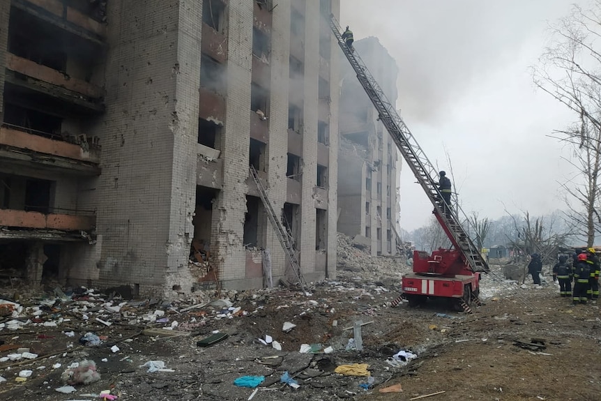 Firemen use ladder to reach burning building.