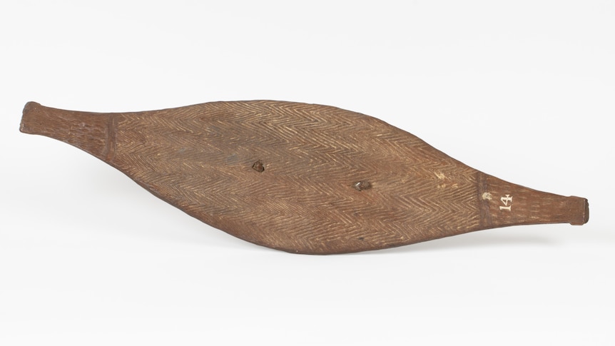 A brown almond shaped wooden shield with carvings