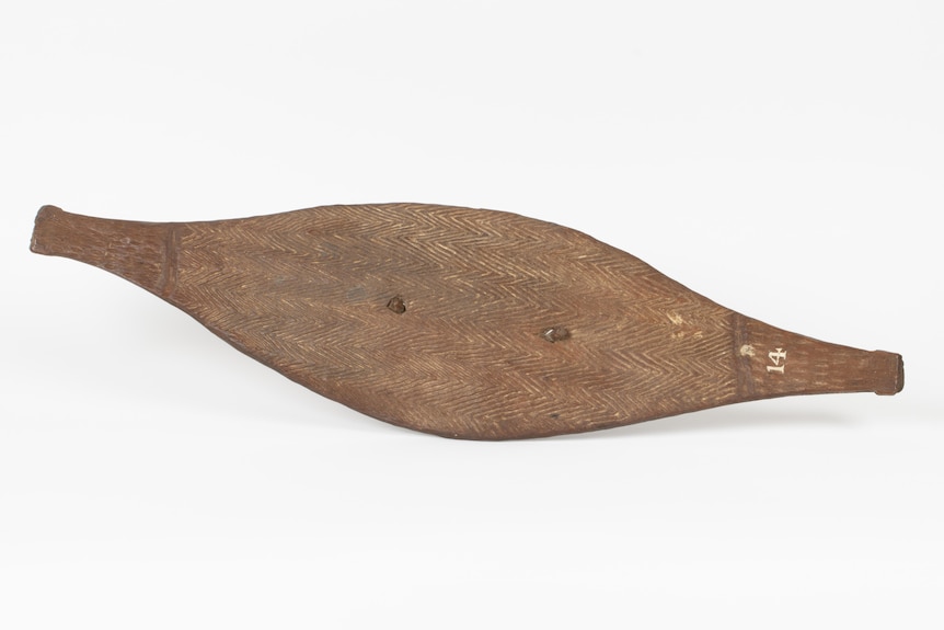 A brown almond shaped wooden shield with carvings