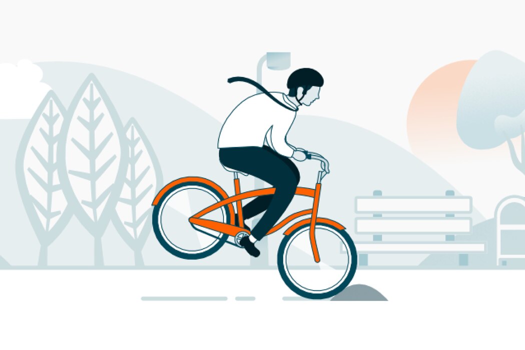 Illustration of an office worker riding a bicycle hitting a rock and going over the handle bars.