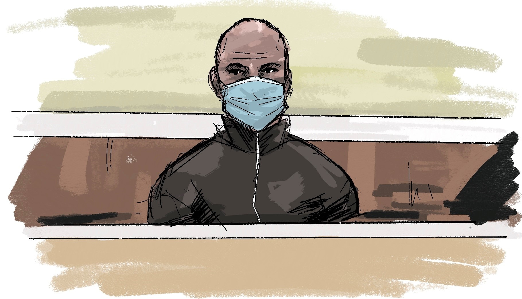 A court sketch of a bald man wearing a face mask and tracksuit.