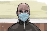 A court sketch of a bald man wearing a face mask and tracksuit.