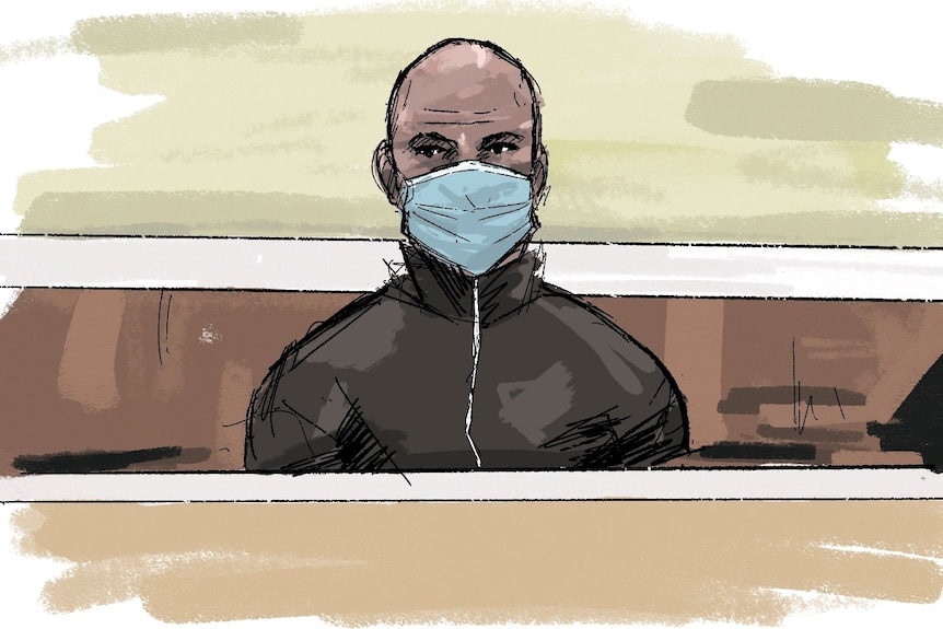A court sketch of a bald man wearing a face mask and tracksuit.