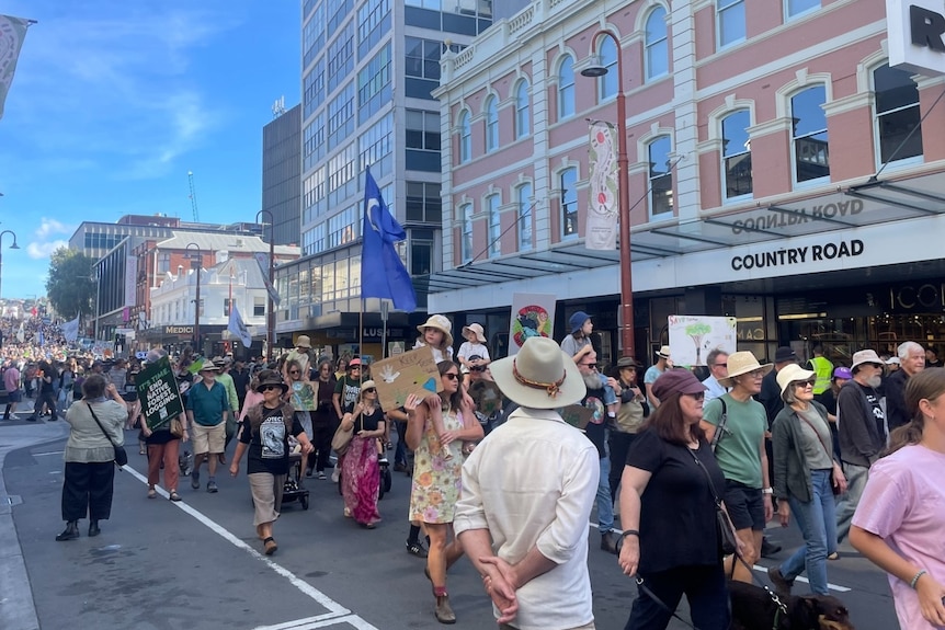 Side view of people marching in Hobart protest calling for end to native forest logging in Tasmania.