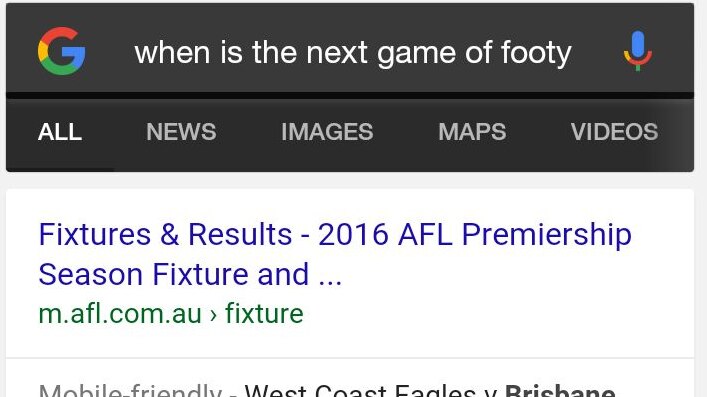 A screenshot of an Android smartphone shows the result of asking "When's the next game of footy in Brissy?"
