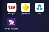 The Westpac, CommBank, ANZ and Virgin Australia app icons.