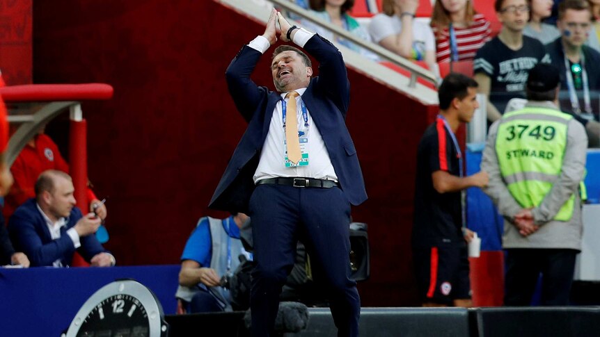 Ange Postecoglou reacts during Socceroos' draw with Chile