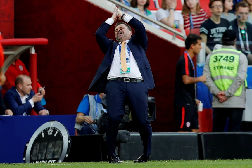 Ange Postecoglou reacts during Socceroos' draw with Chile