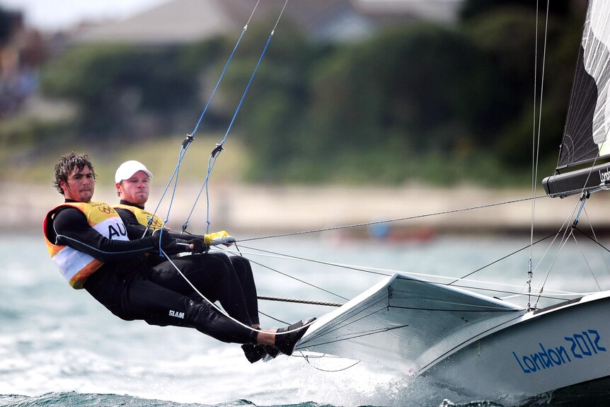 Nathan Outteridge and Iain Jensen compete in the men's 49er sailing at the London Olympic Games.