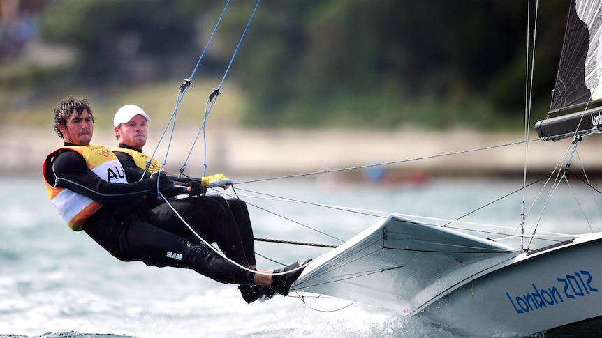 Nathan Outteridge and Iain Jensen compete in the men's 49er sailing at the London Olympic Games.