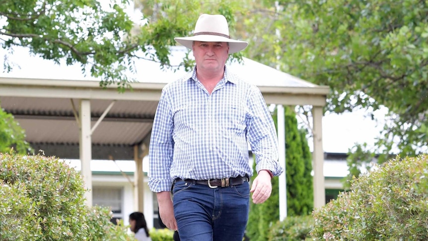 Barnaby Joyce walks down a path with a stern expression on his face. He is wearing blue jeans, a checked shirt and an akubra