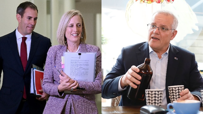 A composite image showing Morrison at a cafe and Jim Chalmers and Katy Gallagher walking in Canberra. 
