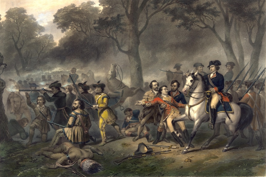 A painting of George Washington on a horse, riding through a crowded battlefield 