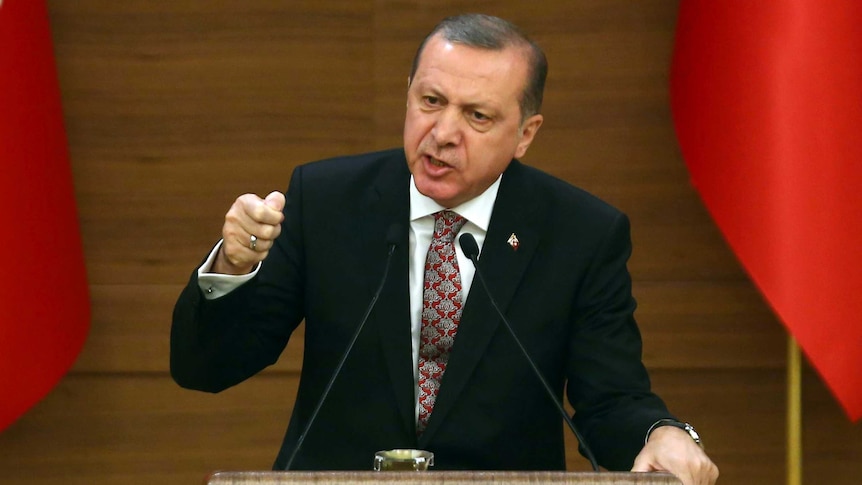 Turkish President Recep Tayyip Erdogan speaks at the monthly Mukhtars meeting.