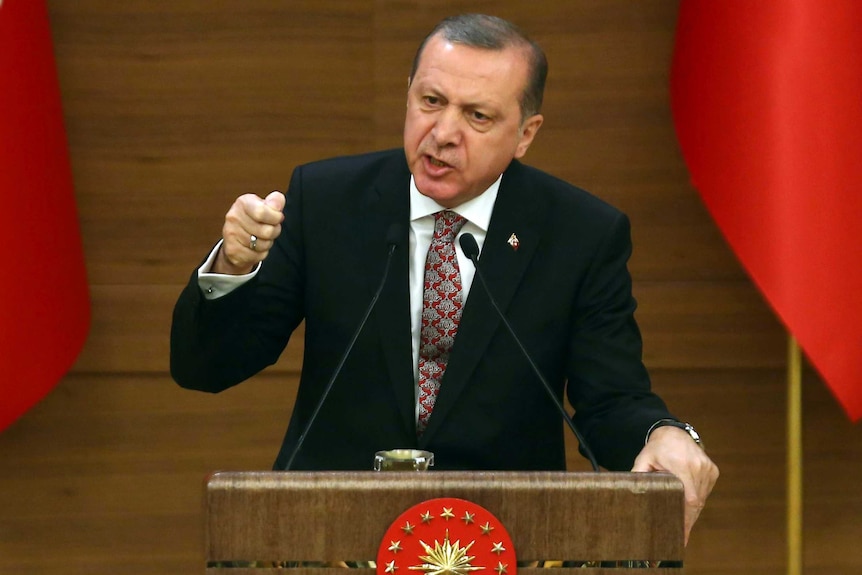 Turkish President Recep Tayyip Erdogan speaks at the monthly Mukhtars meeting.