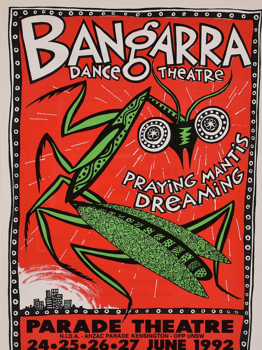 A bright green praying mantis and text sit on top of bright red background in an early Bangarra Dance Theatre flyer.