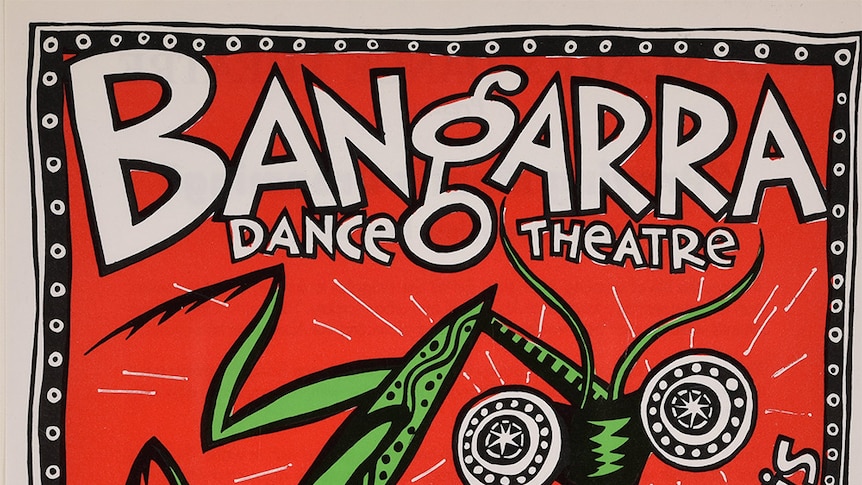 A bright green praying mantis and text sit on top of bright red background in an early Bangarra Dance Theatre flyer.