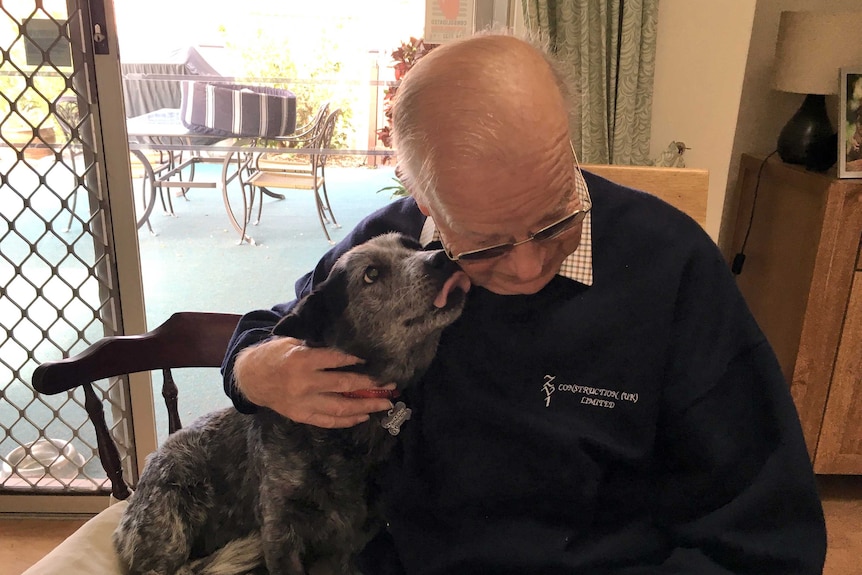 Hazel the rescue dog licks Mike Gourley on the ear