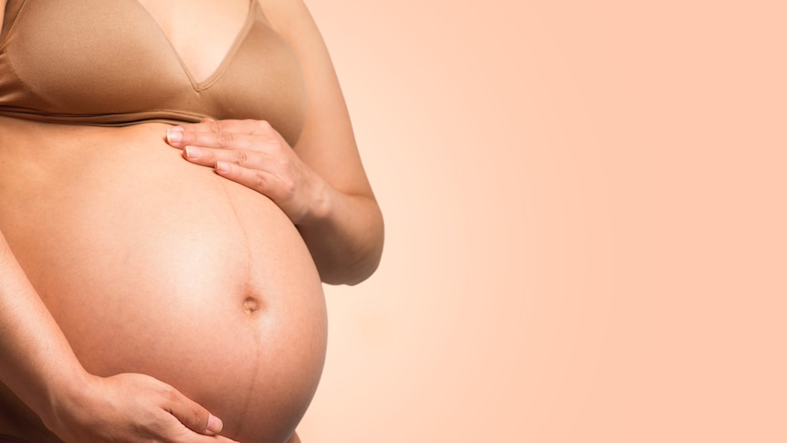 A person holds their pregnant belly against a blank background.