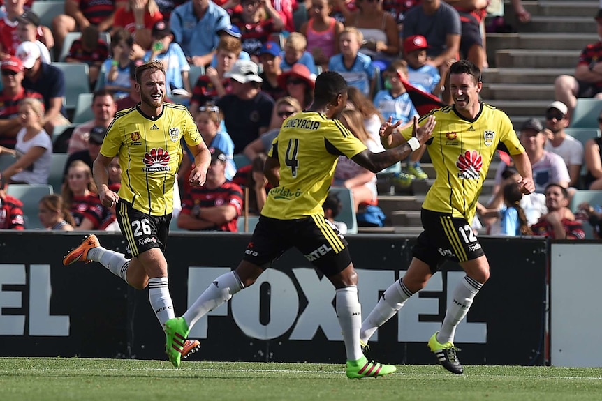Blake Powell celebrates another goal for Wellington Phoenix against the Wanderers