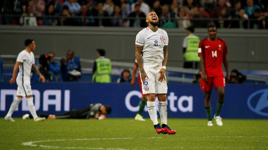 Chile's Arturo Vidal reacts after hitting the post against Portugal in the Confederations Cup semi-final.