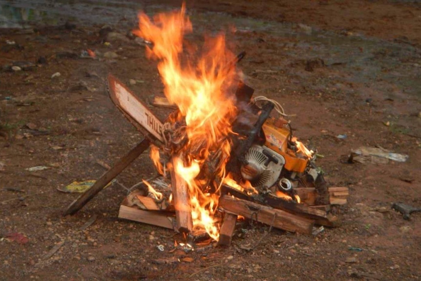 Guns and chainsaws confiscated during patrols of Phnom Tnout forest are set on fire.