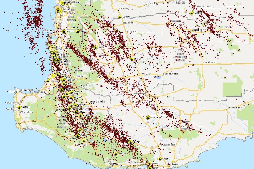 A map detailing lightning strikes and bushfires burning across southern WA.