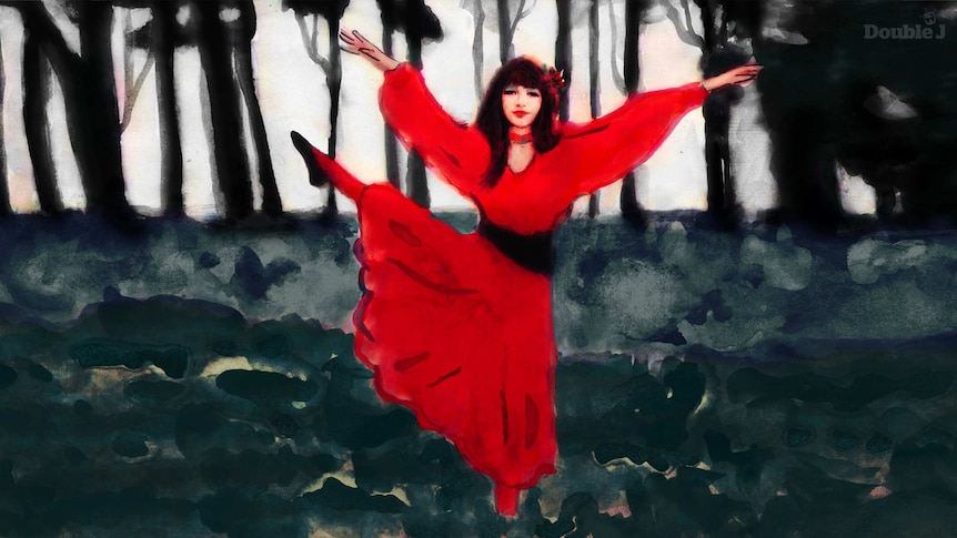 An illustration of English singer songwriter Kate Bush wearing a red dress dancing in a wooded forest