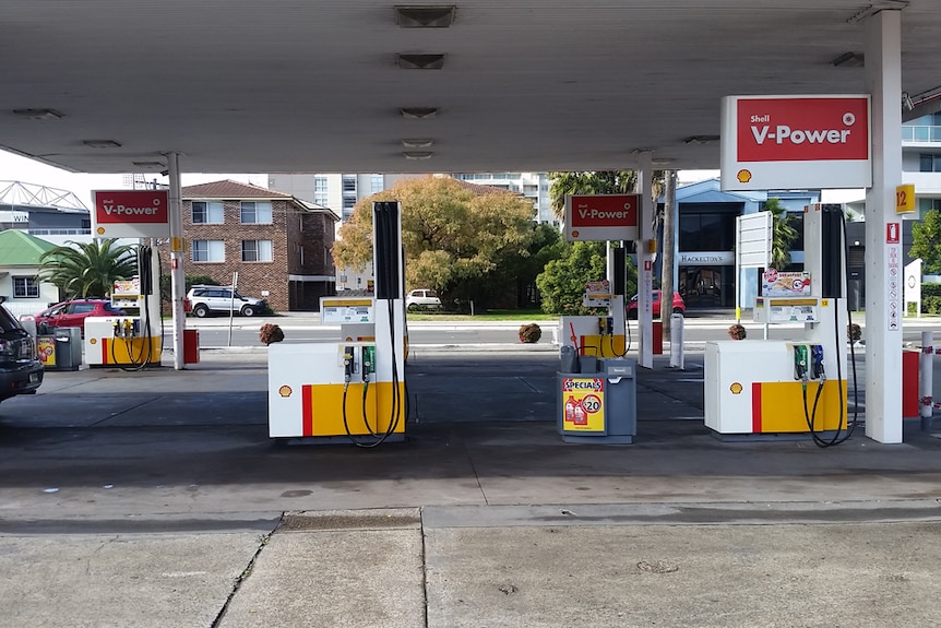 The forecourt of a Shell petrol station in Wollongong showing bowsers.