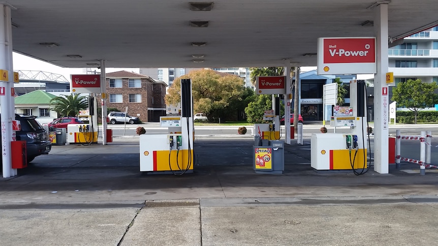 The forecourt of a Shell petrol station in Wollongong showing bowsers.
