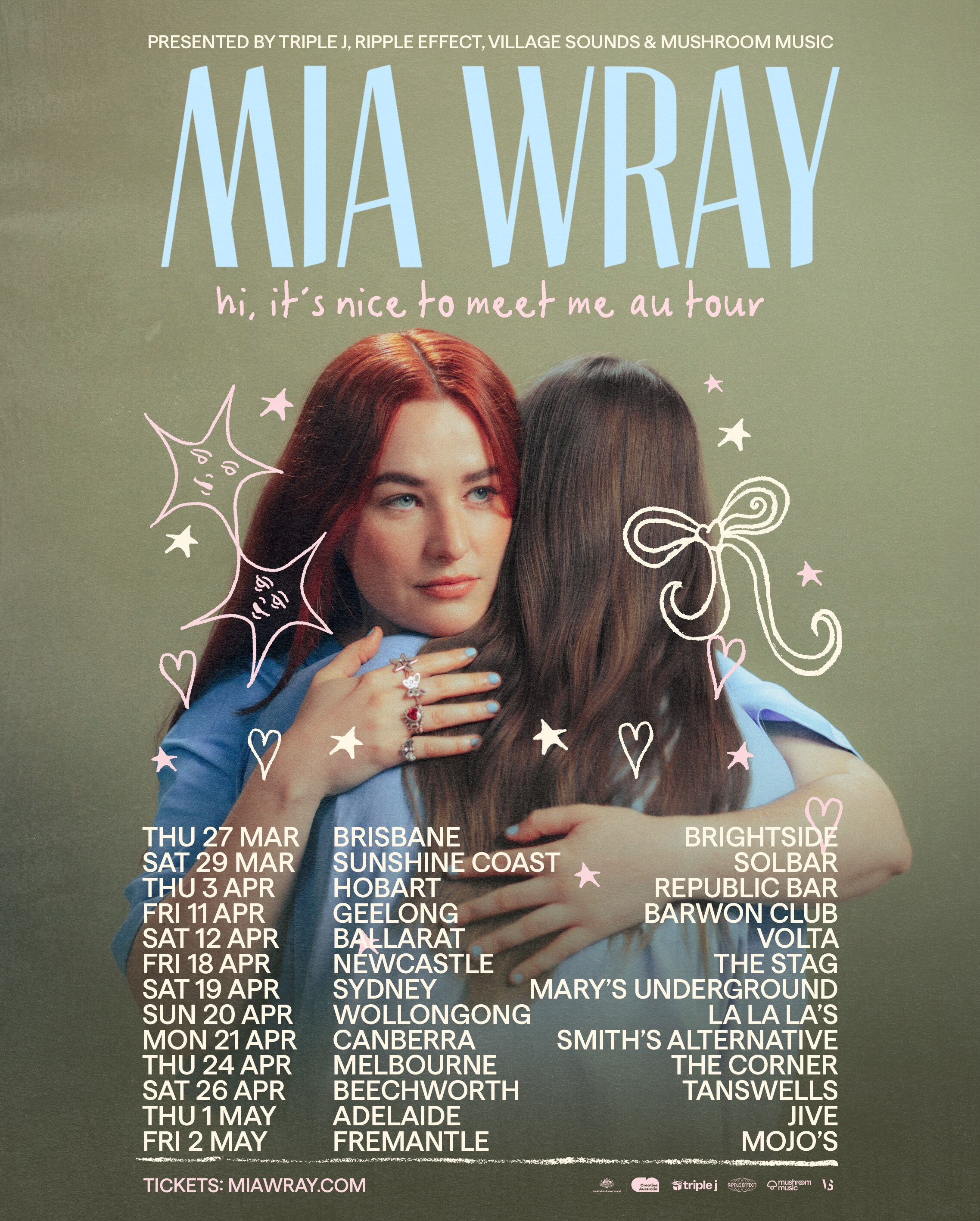 Mia Wray hugs a woman facing away from the camera with hand drawn stars. White and blue text details her Australian tour.