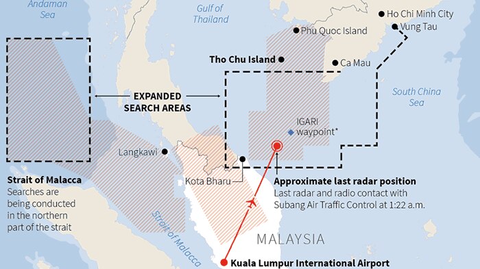 Authorities have widened the search area for missing Malaysia Airlines flight MH370, which vanished with 239 people on board.