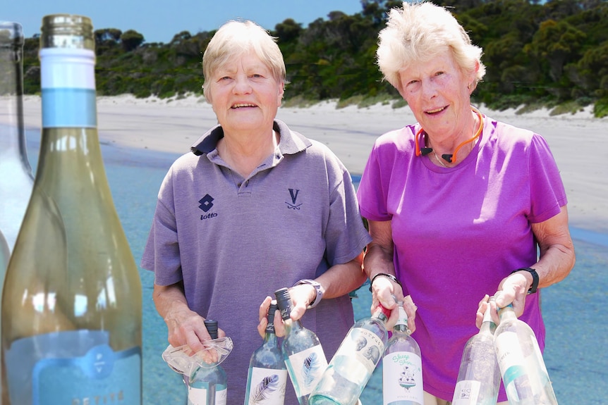 Two women hold glass bottles, photo collage on island background with sandy beach.