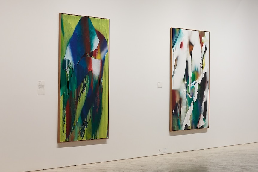 Photograph of two colourful spray-painted paintings by Katharina Grosse hanging in the Art Gallery of NSW.