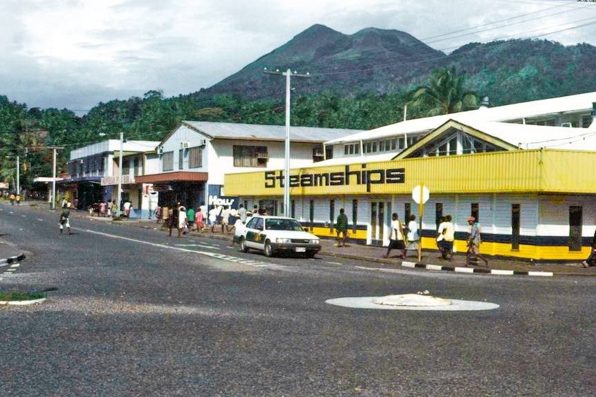 A row of businesses near Mango Avenue. (Supplied: Rabaul Historical Society)