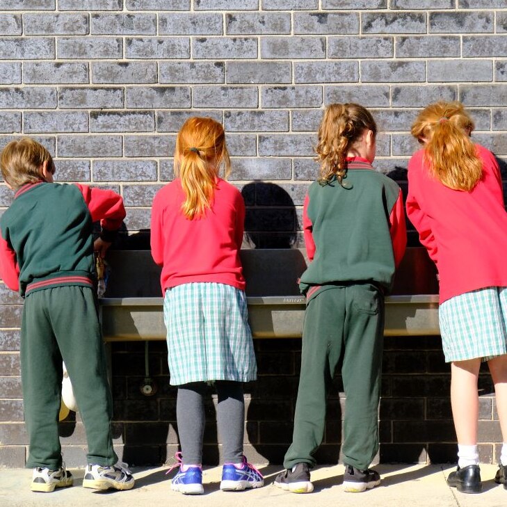 Four primary school children stand with their backs to the camera and wash their hands at a long metal basin on a brick wall.