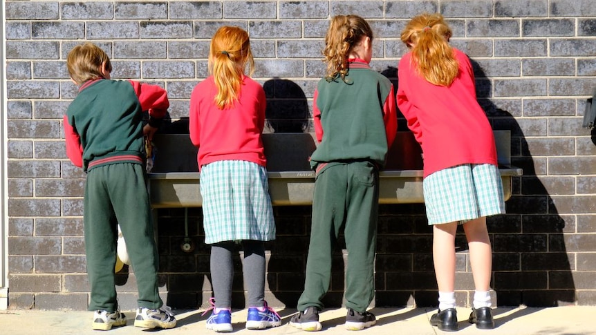 Four primary school children stand with their backs to the camera and wash their hands at a long metal basin on a brick wall.