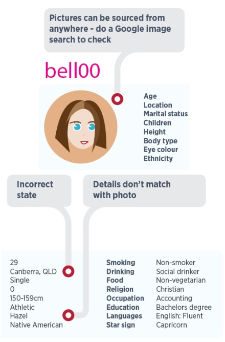 A graphic showing a fake dating profile page, with wide ranging preferences, poor grammar and dodgy details. 