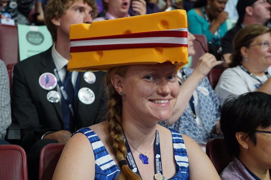 Karla Stoebig wears a cheese hat at the Democratic Convention.